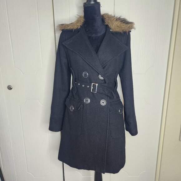 Grass Collection Black Brown Faux Fur Belted Button Pea Coat - Picture 2 of 8